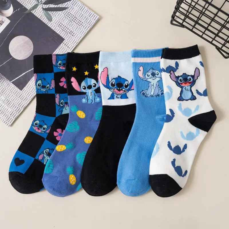 5 Pairs of Fashionable and Trendy Cute Cartoon Anime Stitch Pattern Women's Socks Comfortable and Soft Outdoor Casual Socks