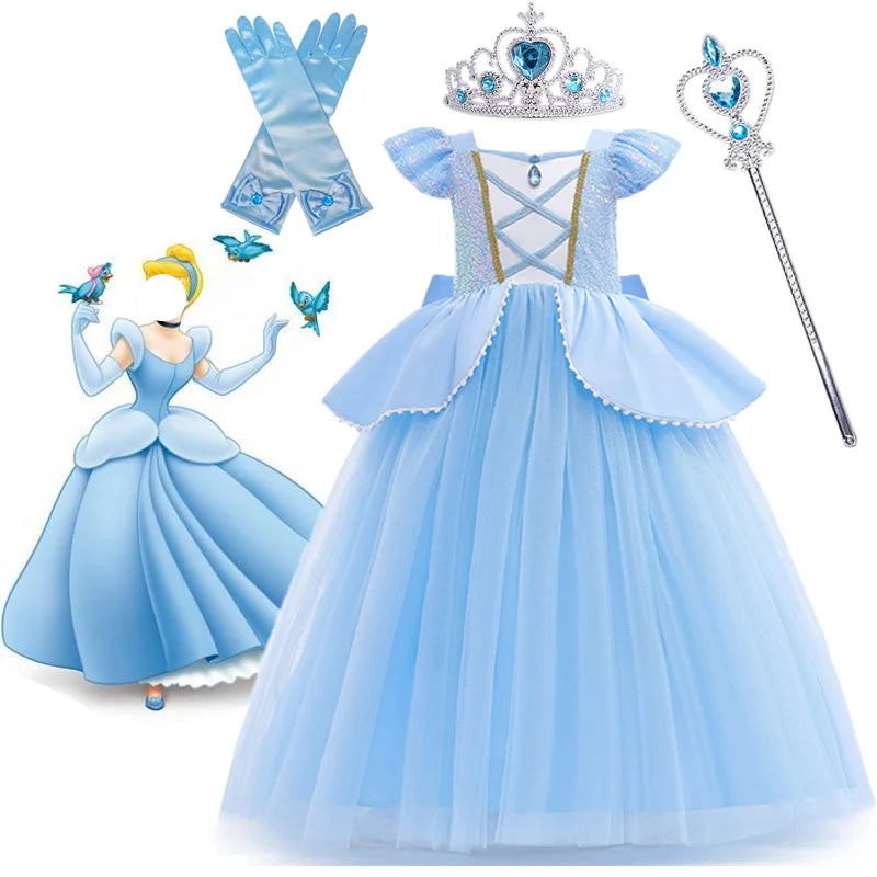 Cinderella Cosplay Costume Kids Clothes for Girls Sequins Princess Dress with Crown Gloves Birthday Party Ball Gown 3-10 Years