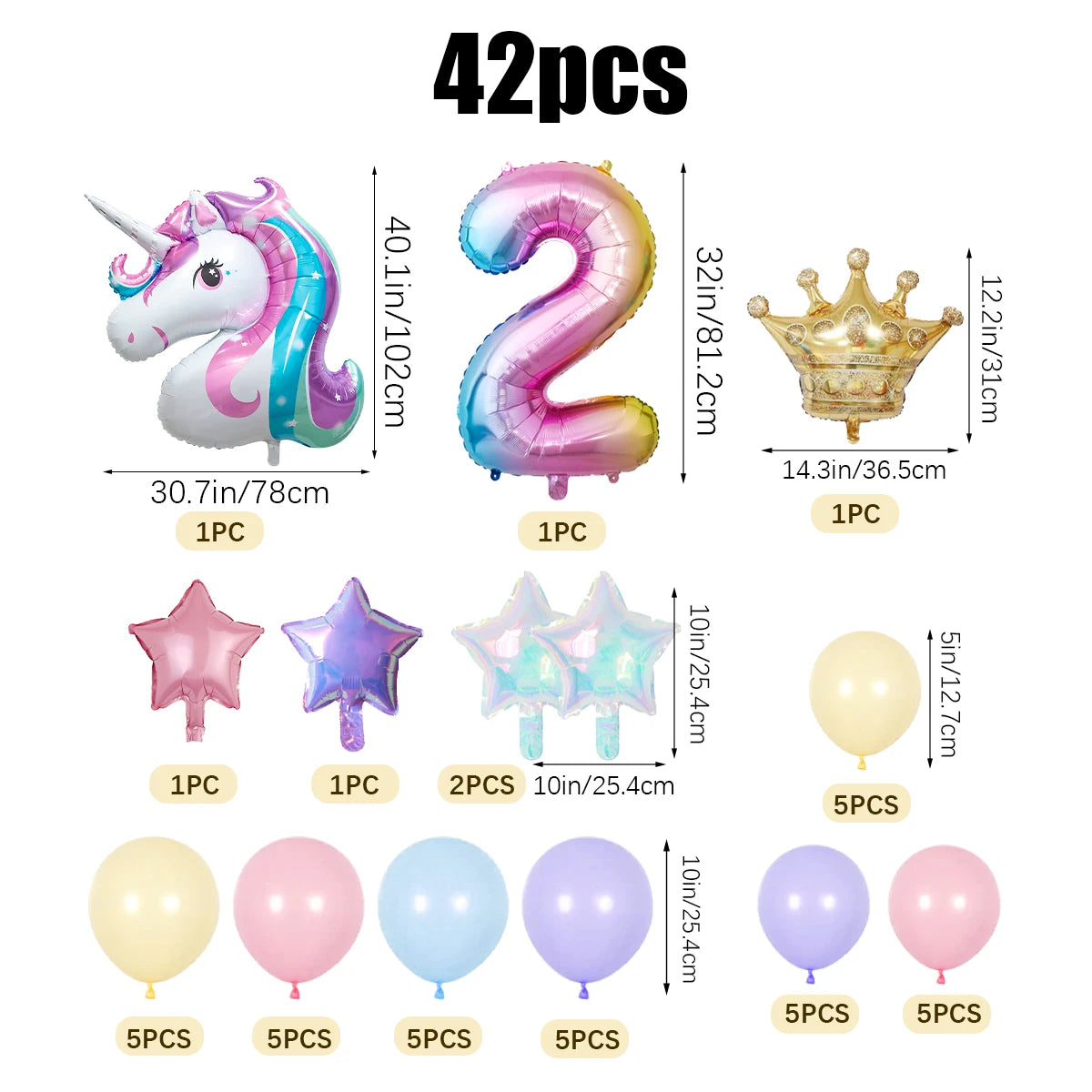42pcs Unicorn Rainbow Color Numbers 0-9 Mini Crown Aluminum Film Balloon Set Girls Unicorn Theme Birthday Party Decorations