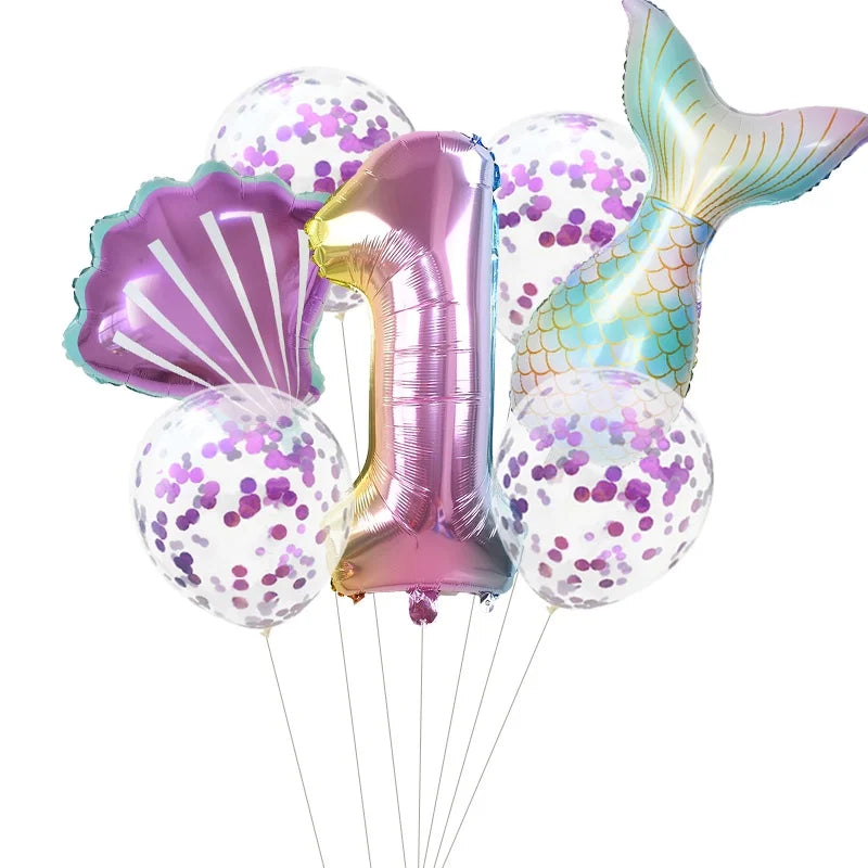 7pcs Little Mermaid Party Balloons 32inch Number Foil Balloon Kids Birthday Party Decoration Supplies Baby Shower Decor Globos