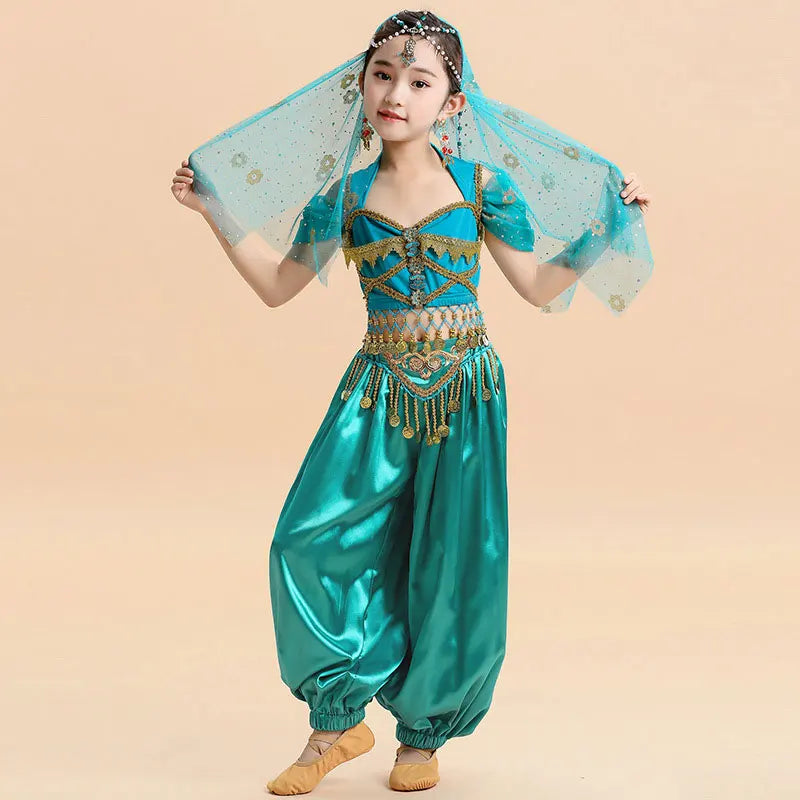  Kids India Princess Belly Dance Set Oriental Indian Dance Sari Girl Performance Costume Bollywood Children Stage Outfit