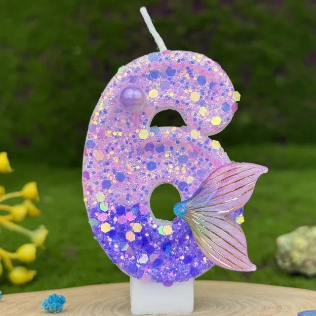 Purple Mermaid Tail Glitter 0-9 Number Candle Birthday Party Candle for Girls Cake Decoration