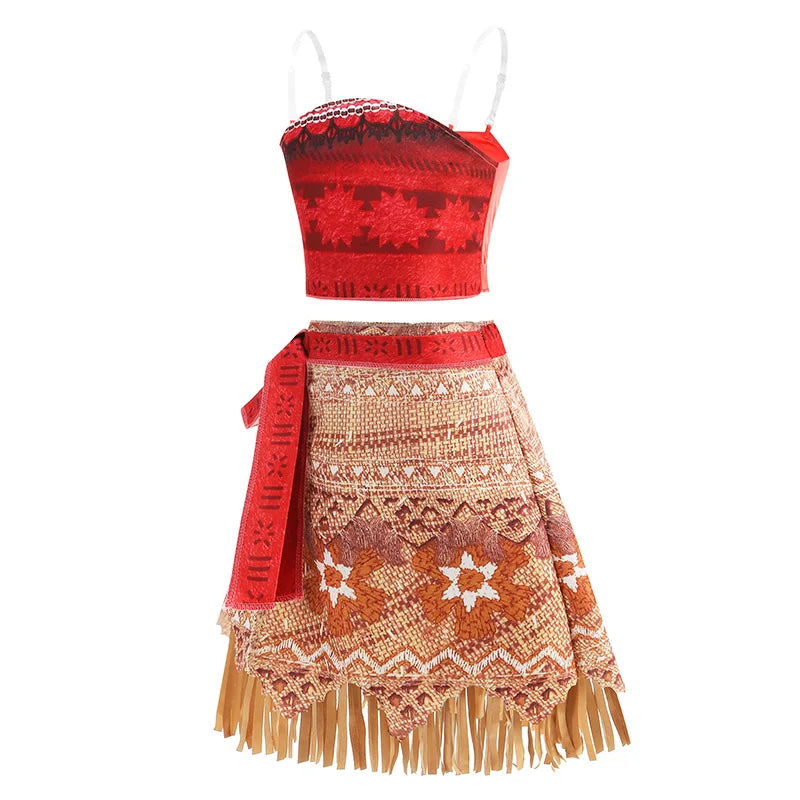 Girls Moana Princess Dress for Kids Carnival Cosplay Vaiana Costume Children Birthday Party Headwear Necklace Flower Clothes Set