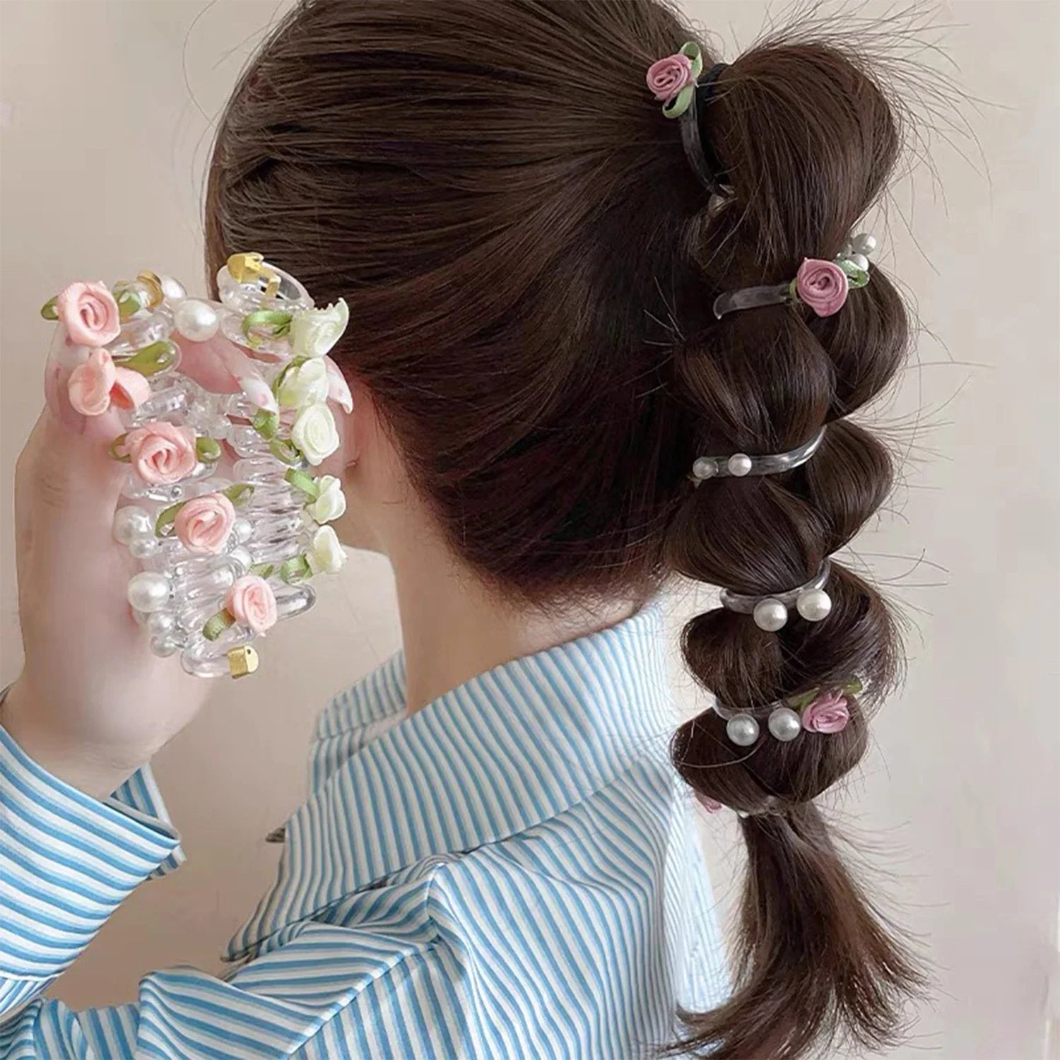 Rose Bead Telephone Line Headband Charming Tied Ponytail Braid Hair Rope Headband High Elasticity Rubber Band Pearl Headwears