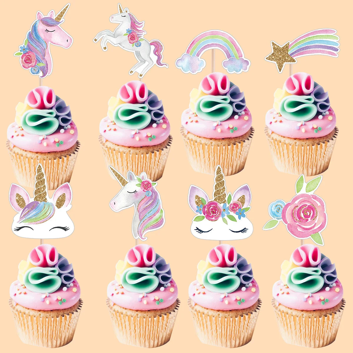 24Pcs Carton Unicorn Cupcake Topper Colorful Rainbow Paper Toppers For Kids Unicorn Birthday Party DIY Cake Decoration Supplies