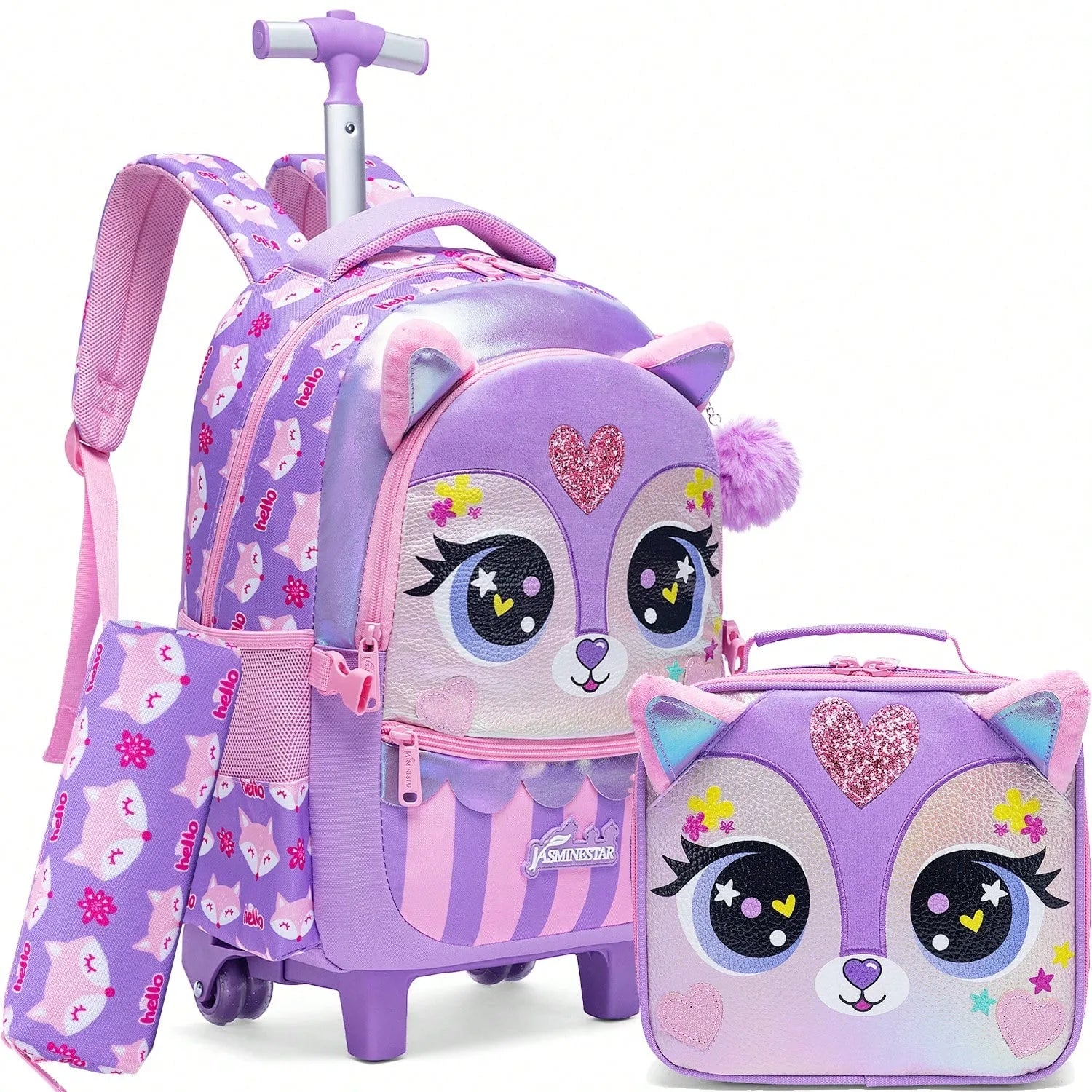 3PCS Cute Rolling Backpack for Girls Backpacks with Wheels for Elementary Students Kids 3 in 1 Travel Luggage Carry on Suitcase