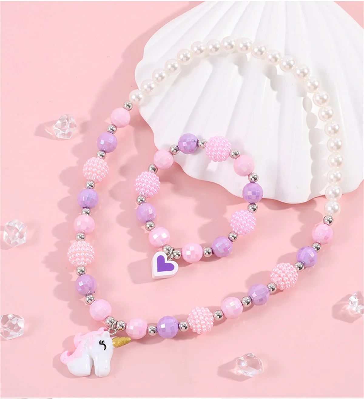 Cute Unicorn Pendant Necklace for Girls Heart Beads Necklace for Children Fashion Jewelry Accessories Birthday Gift