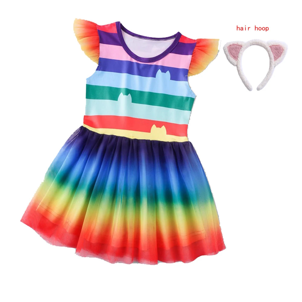 Gabby Cats Baby Girls Summer Gabby's Dollhouse Dress Rainbow stripe Kids Cosplay Princess Toddler Birthday Party Dresses+wig