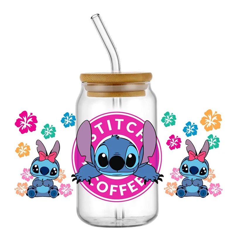 Miniso Stitch 16oz UV DTF Cup Wrap Cartoon Transfers Libbey Wrap Tumbler DIY Logo Sticker Glass Can Selfadhesive Waterproof
