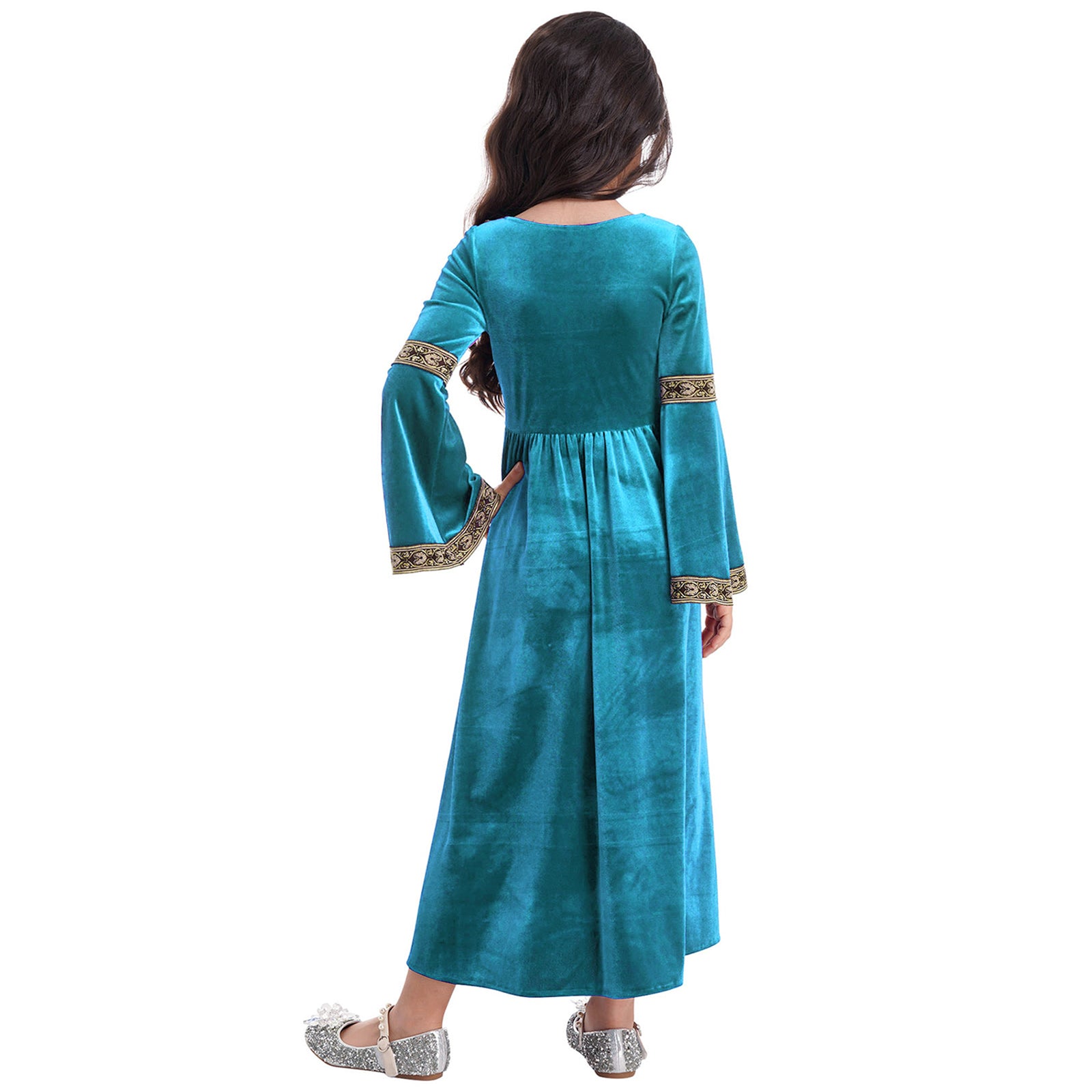 Kids Girls Medieval Renaissance Princess Costume Velvet Long Flare Sleeve Vintage Dress Gown Carnival Party Cosplay Dress Up