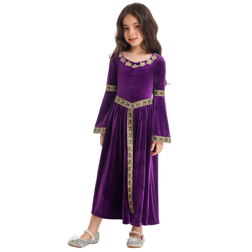 Kids Girls Medieval Renaissance Princess Costume Velvet Long Flare Sleeve Vintage Dress Gown Carnival Party Cosplay Dress Up