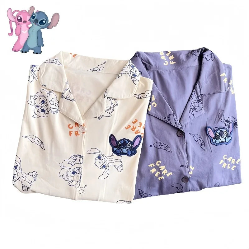 Cartoon Stitch Korean version ins couple pajamas, cute personality, comfortable summer cotton shorts, cardigan, loungewear set