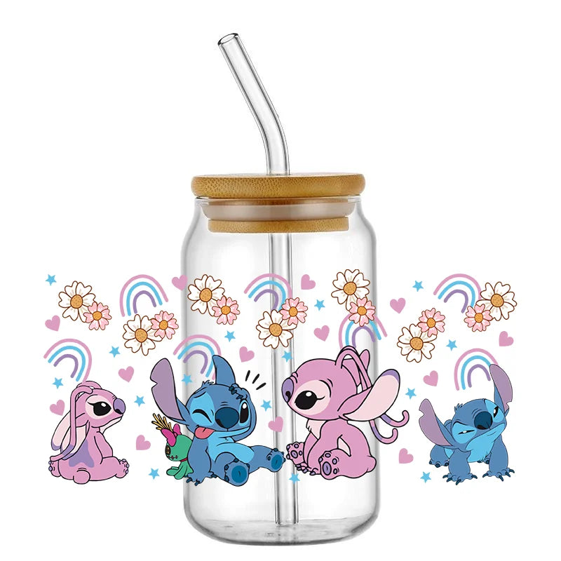UV DTF Cup Mug Wraps Miniso Lovely Cartoon stitch 3D Transfer Sticker for 16oz Libbey Glasses  Cup Waterproof  DIY Sticker