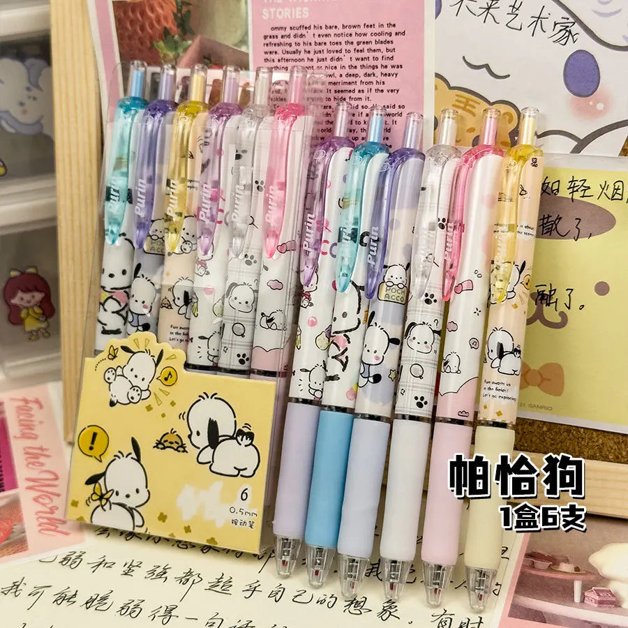Sanrio 6pcs Series Gel Pen 0.55mm Refill Hello Kitty Y2k Cinnamoroll Kuromi MelodyCartoon Press Pen Black Stationery Supplies