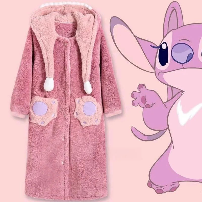 2024 New Lilo & Stitch Winter Thickened Plush Cosplay Cartoon Hooded Couple Pajamas Flannel Men & Women Loungewear Set
