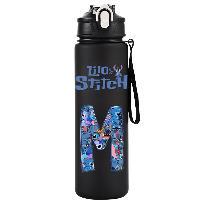 750ml Water Bottle Letter A-Z Printed Lilo Stitch Black Large Capacity Drinking Cup Portable Outdoor Sport Water Cup Kid Gifts