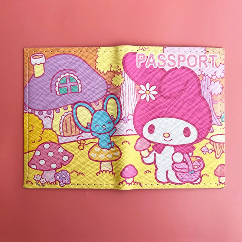 Sanrio MY Melody Passport Cover Girls Travel Passport Holder PU Leather Function Business Card Case For Women ID Card Holder