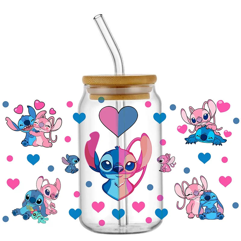 UV DTF Cup Mug Wraps Miniso Lovely Cartoon stitch 3D Transfer Sticker for 16oz Libbey Glasses  Cup Waterproof  DIY Sticker