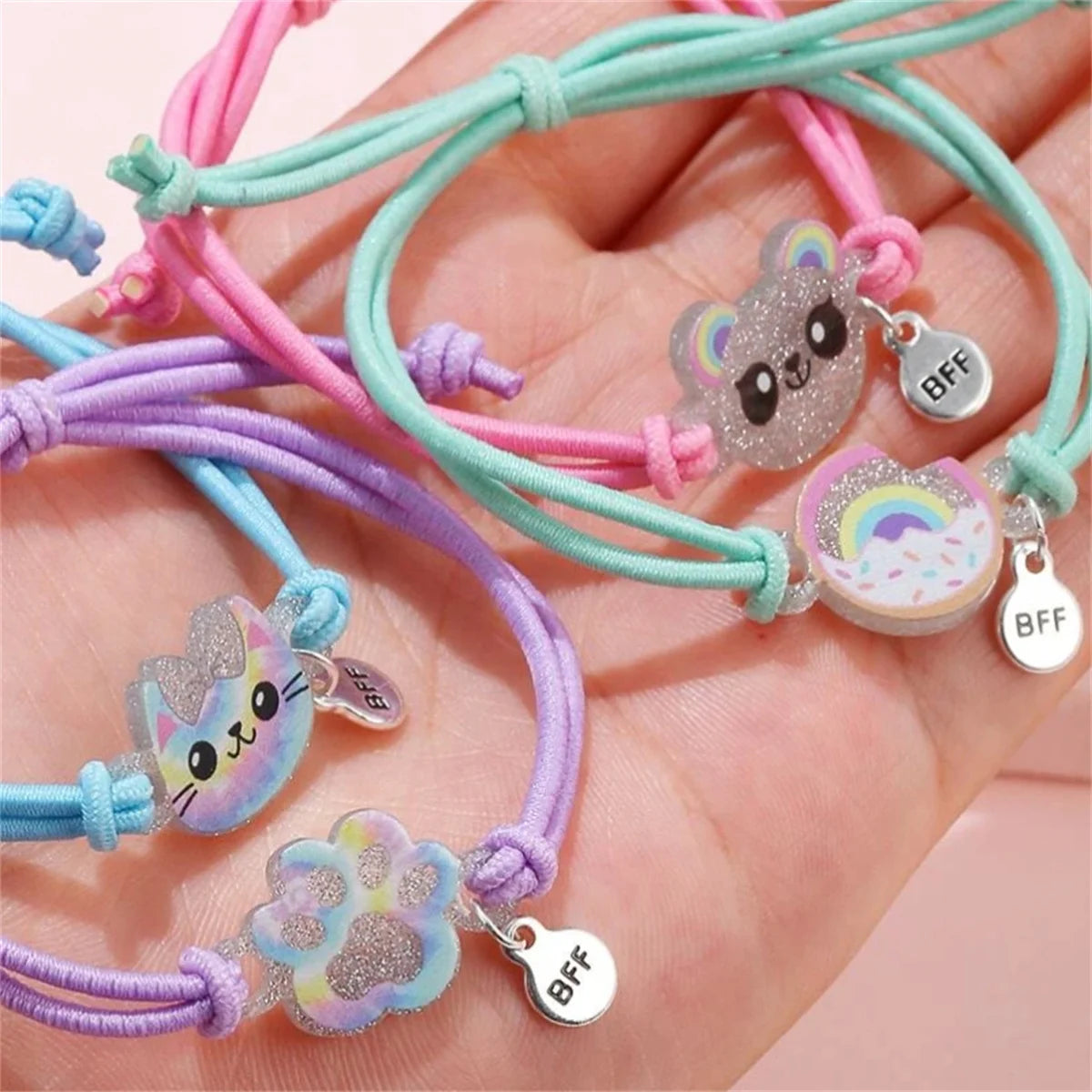 4pcs Kids Elastic Hair Rope Bracelets Set Cute Kitten Bear Donut Design BFF Good Friends Elastic Cord for Children