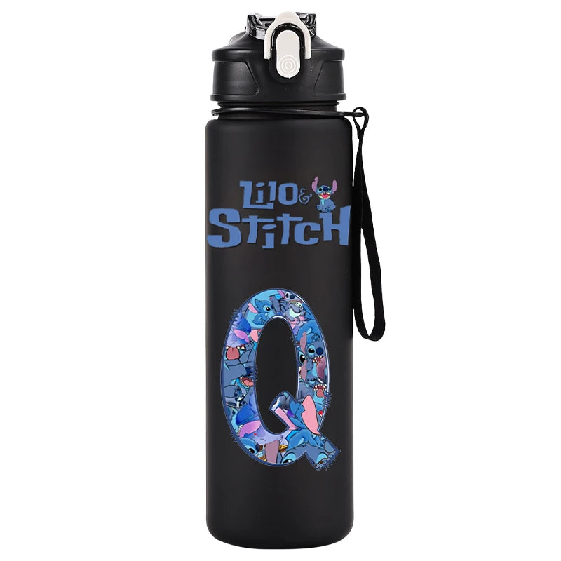 750ml Water Bottle Letter A-Z Printed Lilo Stitch Black Large Capacity Drinking Cup Portable Outdoor Sport Water Cup Kid Gifts