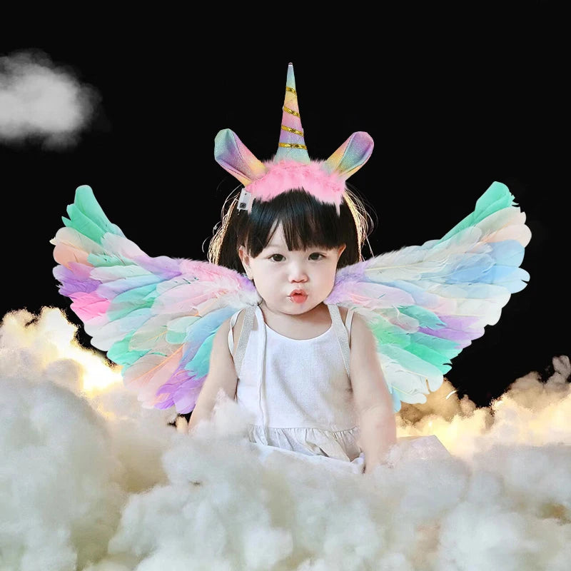 LED Colour Angel Feather Wings Girls Unicorn Halo Headband Fairy Stick Luminous Prop Cosplay Party Costume Glowing Accessories