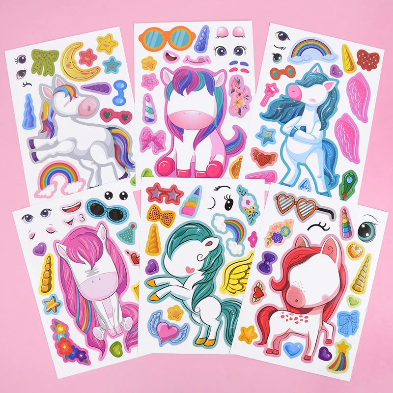 6/12Sheets Cartoon Unicorn Make A Face Assemble DIY Sticker Girls Unicorn Birthday Party Decoration Supplies Gifts for guests
