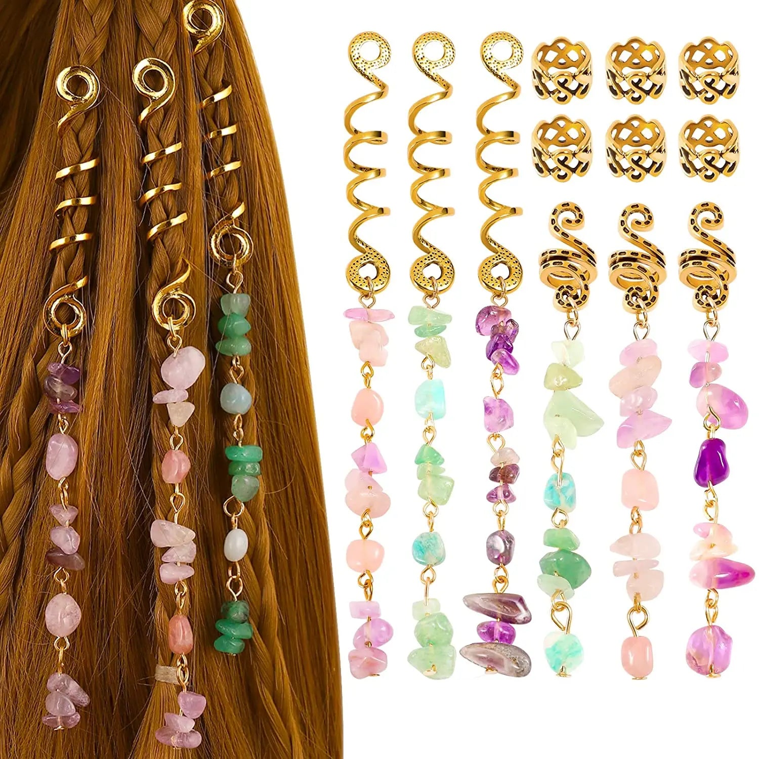 Spiral Charms Beads for Women Colored Crystal Stone Braids Barretts Hair Beads Jewelry Vintage Hairpin Dreadlock Accessories