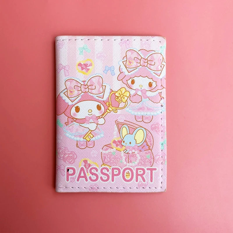 Sanrio MY Melody Passport Cover Girls Travel Passport Holder PU Leather Function Business Card Case For Women ID Card Holder