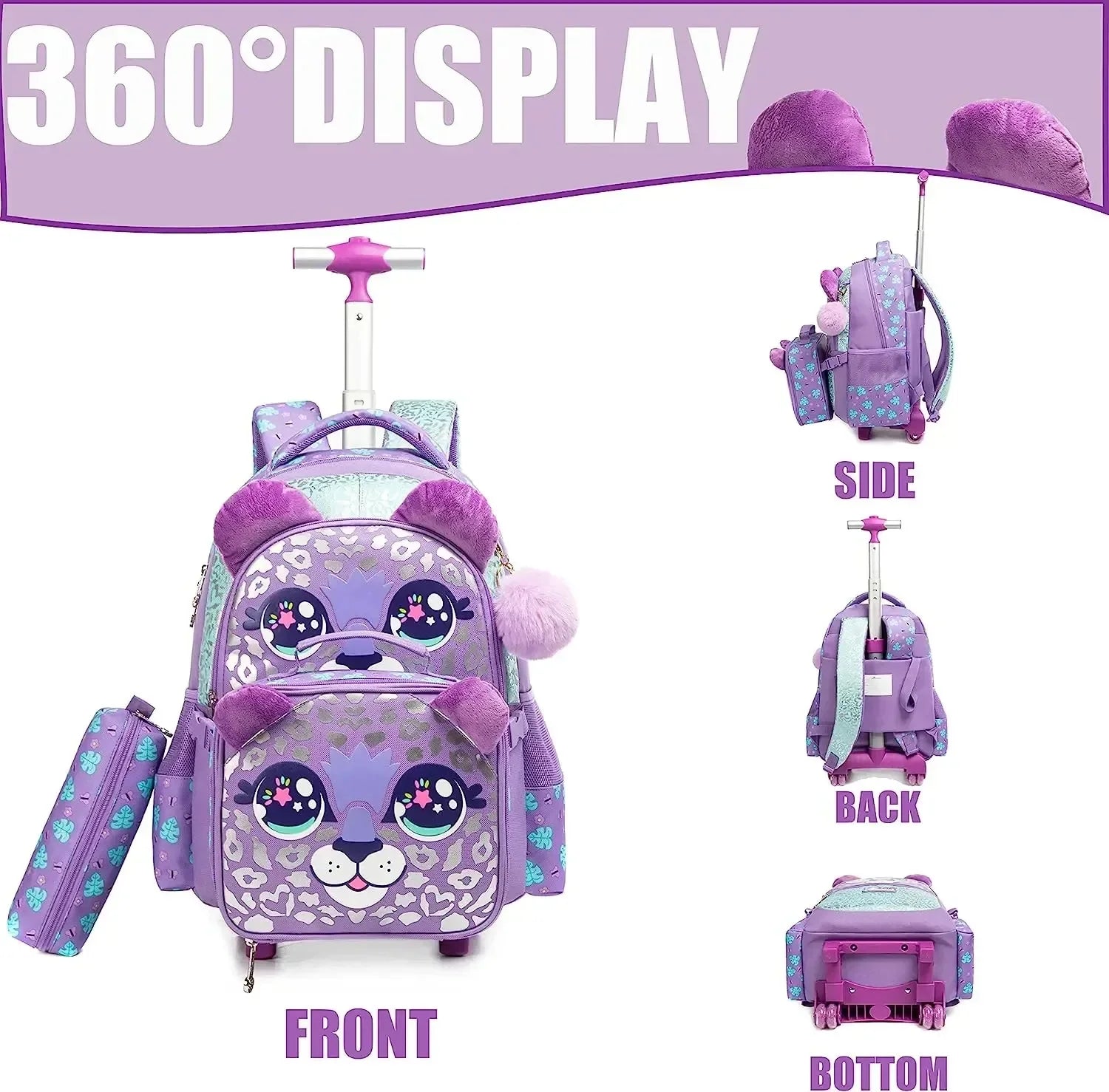 3PCS Cute Rolling Backpack for Girls Backpacks with Wheels for Elementary Students Kids 3 in 1 Travel Luggage Carry on Suitcase