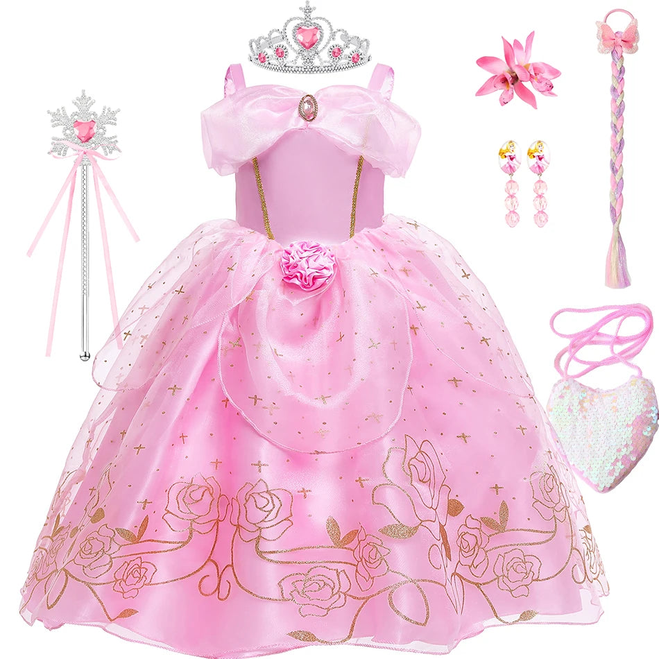 Aurora Pink Princess Dress Girl Sleeping Beauty Cosplay Costume Summer Floral Rose Print Sling Frocks 2-10 Yrs Kids Elegant Gown