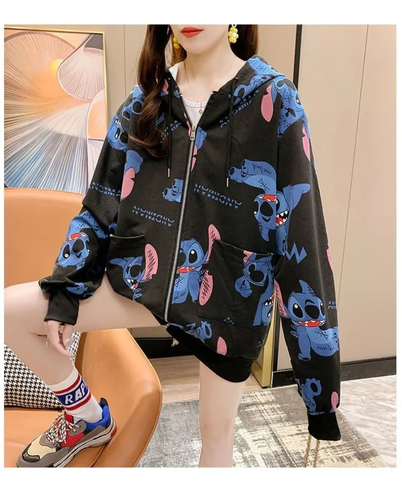 New Lilo and Stitch Hooded Sweatshirt Kawaii Women's Loose Top Thin Design Anime Printed Accessories Cartoon Cardigan Jacket