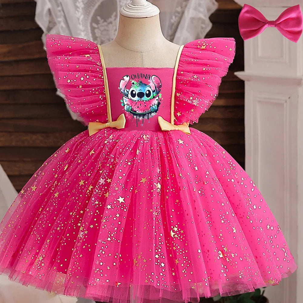 Lilo Stitch Princess Dress for Girls Sequined Star Ruffle Bow Tutu Gown Baby Formal Gala Prom Gown Kids Evening Party Costume