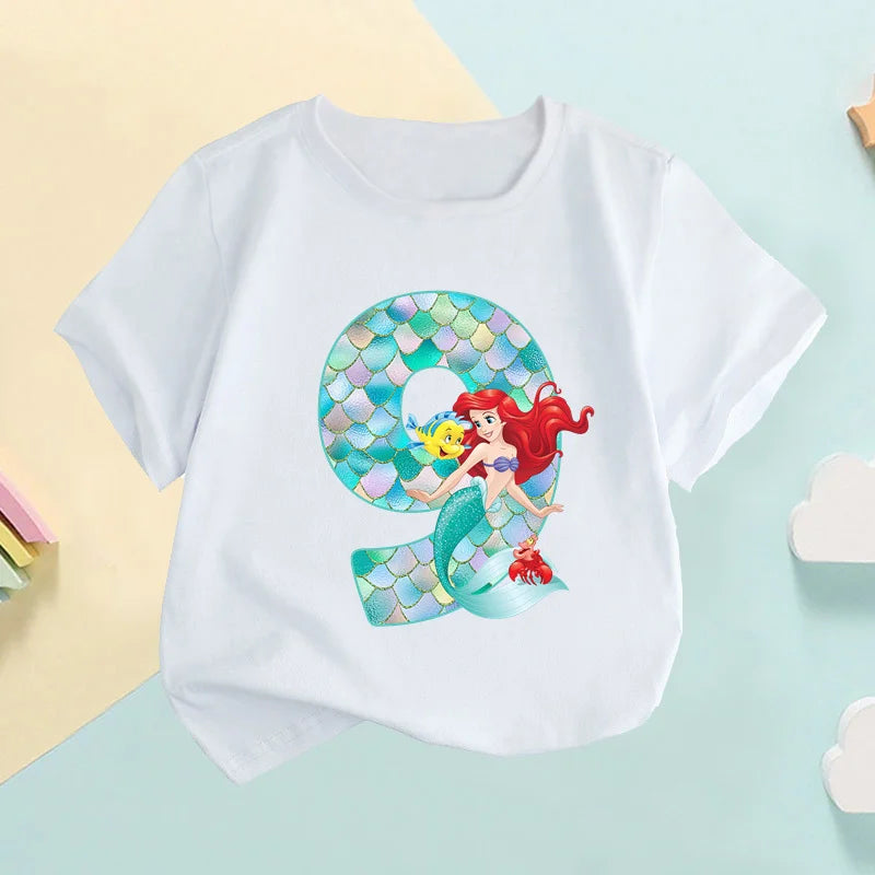 The Little Mermaid Ariel Princess Number Print Girls Clothes 1 2 3 4 5 6 7 8 9 Years Birthday Kids T shirt Baby T-Shirt,HKP2697