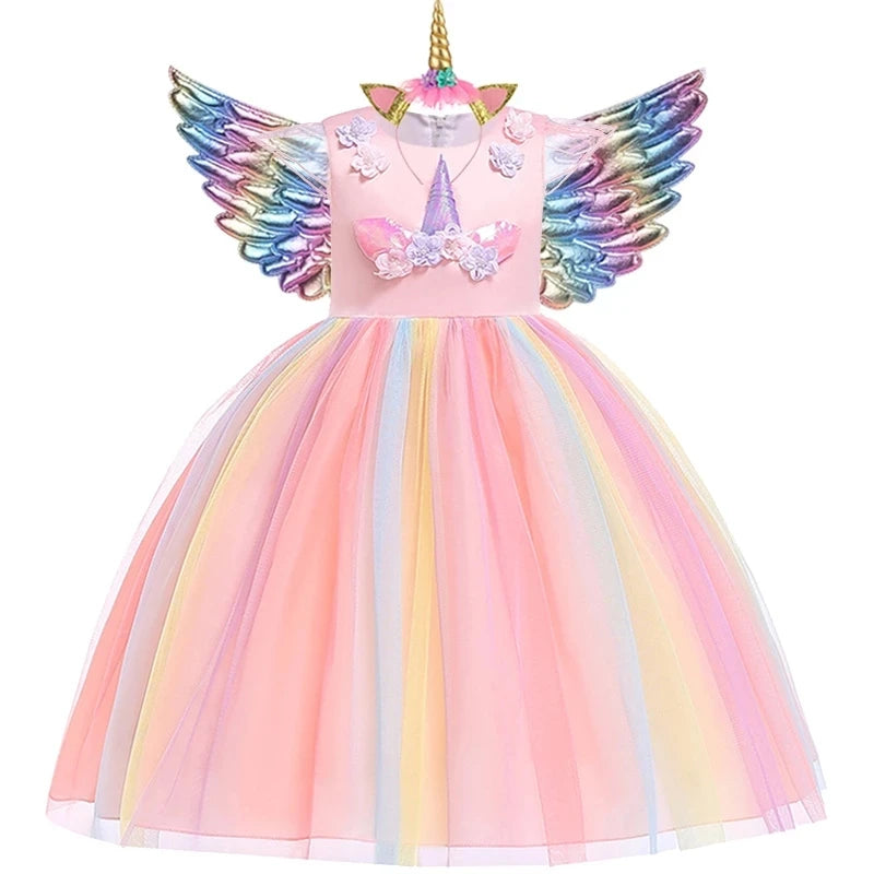 Kids Unicorn Dress for Girls Party Dresses Flower Appliques Ball Gown Little Girl Princess Costumes Summer Children Clothing