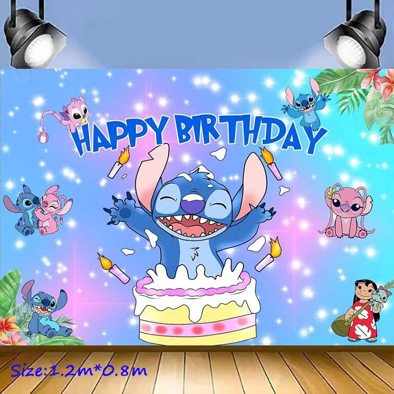 Stitch Birthday Party Decoration Pink Angel&Stitch Theme Event Supplies For Kids Balloon Disposable Tableware Banner Backdrop