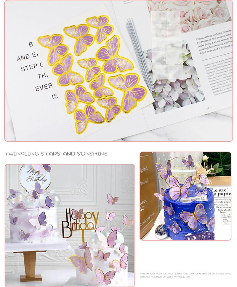 10pcs Dessert Cake Decor Butterfly Stamping Gold Butterfly Cake Toppers Princess Girl Wedding Happy Birthday Party Decor