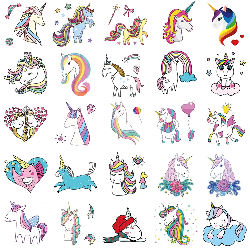 25Pcs Small Unicorn Temporary Tattoo Stickers Cartoon Rainbow Horse Pattern For Kid Birthday Party Favors,Gifts,Stocking Stuffer