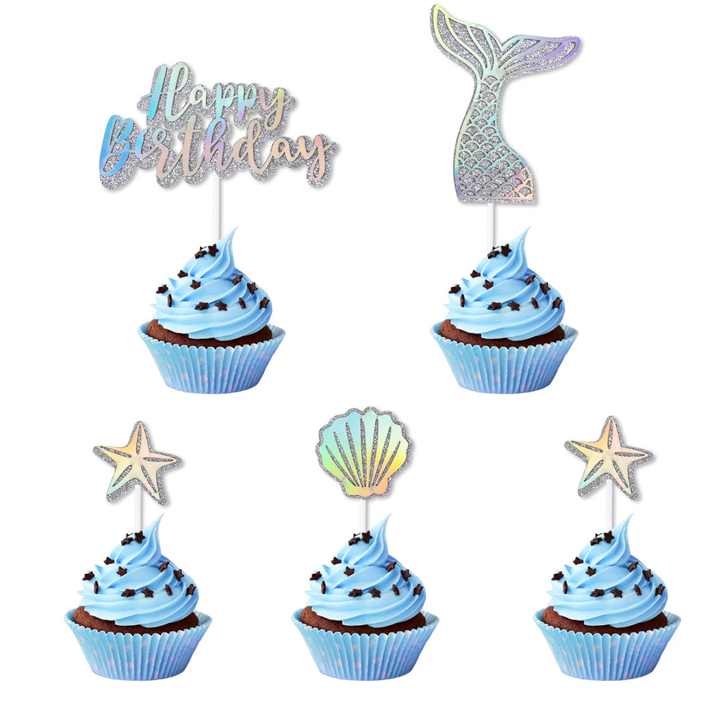 Mermaid Party Cake Decor Glitter Shell Starfish Mermaid Tail Cake Topper Under the Sea Girls 1st 2th Birthday Cupcake Topper