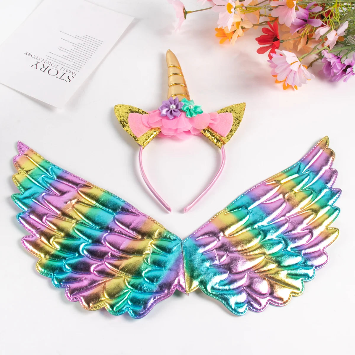 Unicorn Headband Girls' Fairy Rainbow Wings Flowers Headwear Accessory Unicorn Birthday Party Decoration Princess Dress Up Toys