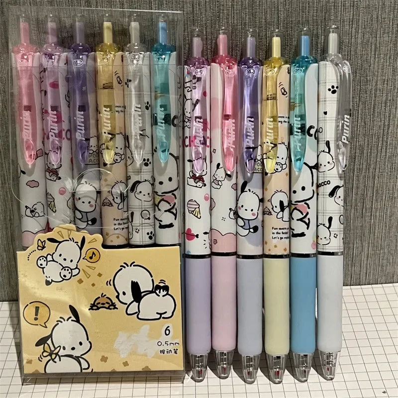 Sanrio 6pcs Series Gel Pen 0.55mm Refill Hello Kitty Y2k Cinnamoroll Kuromi MelodyCartoon Press Pen Black Stationery Supplies