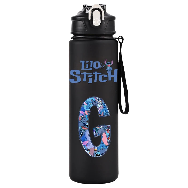 750ml Water Bottle Letter A-Z Printed Lilo Stitch Black Large Capacity Drinking Cup Portable Outdoor Sport Water Cup Kid Gifts