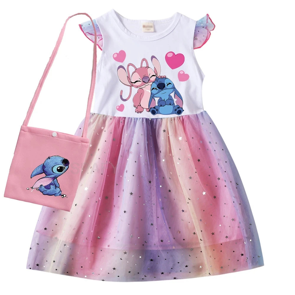 Hot Lilo And Stitch Girls Children Spring Summer Tutu Stitch Dress +Bag Kids Princess Girls Birthday Party Dress Costume