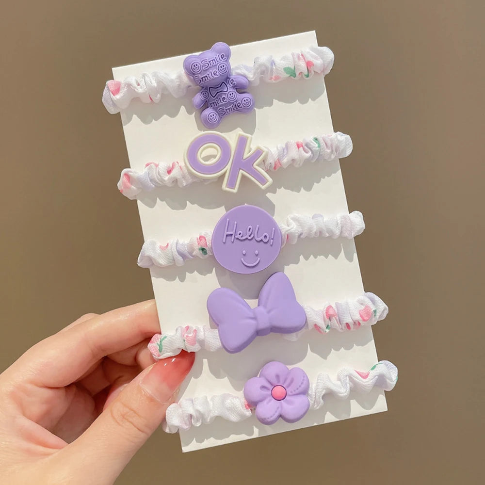 5pcs/Set Cartoon Bear Bowkont Heart Charms Scrunchies Candy Color Satin Hair Ties Ponytail Holder Hair Ropes Kid Girls Headwear
