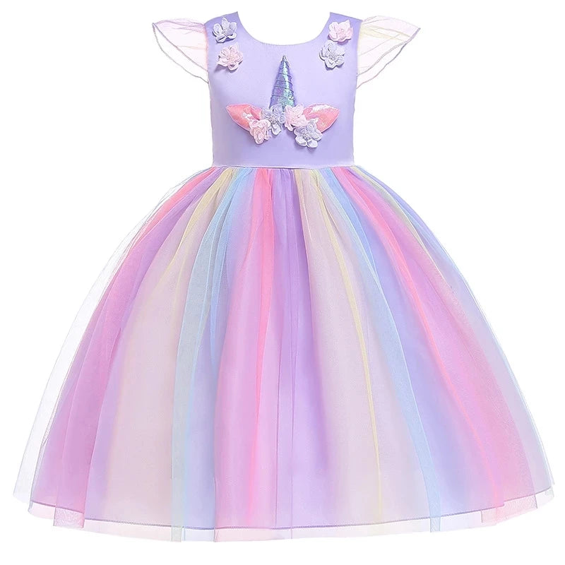 Kids Unicorn Dress for Girls Party Dresses Flower Appliques Ball Gown Little Girl Princess Costumes Summer Children Clothing