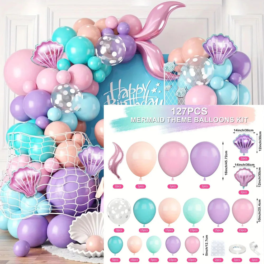 127pcs Mermaid Balloon Arch Set, Pink Purple Orange Blue Dot Balloon Ocean Theme Mermaid Princess Birthday Party Decoration