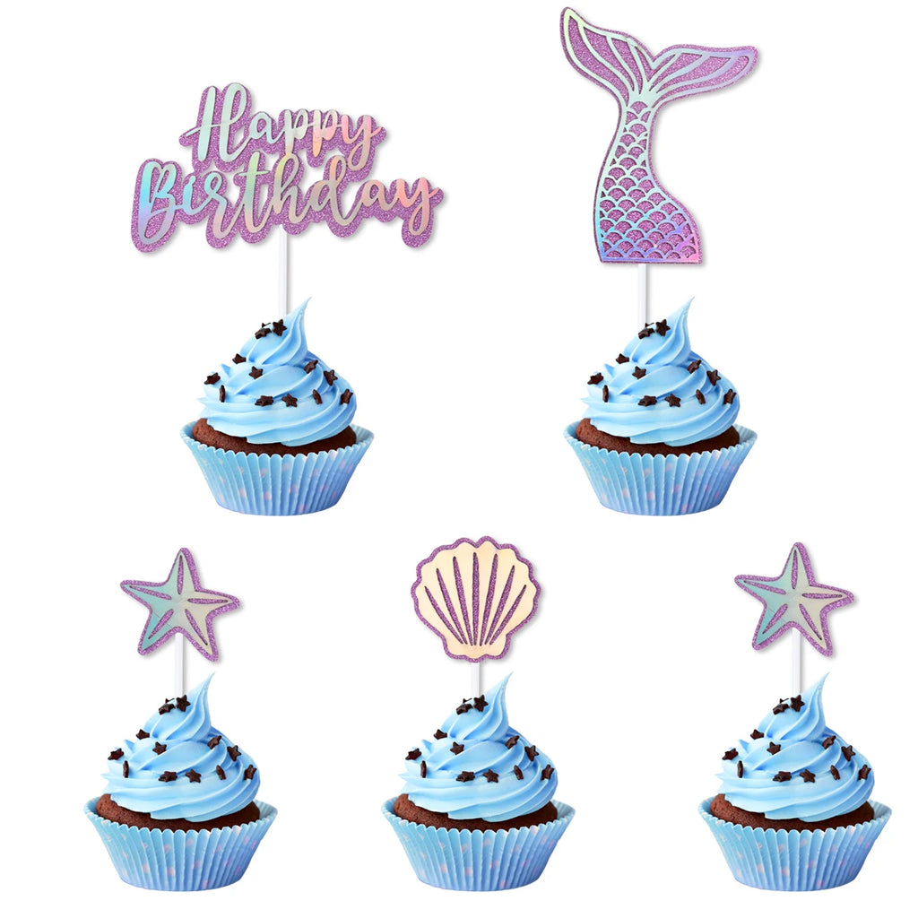 Mermaid Party Cake Decor Glitter Shell Starfish Mermaid Tail Cake Topper Under the Sea Girls 1st 2th Birthday Cupcake Topper