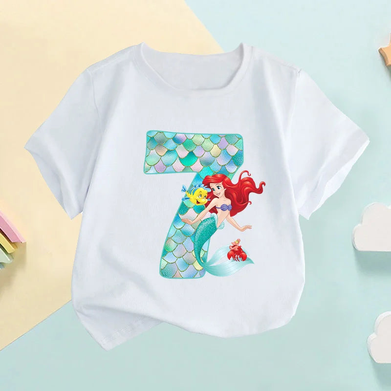 The Little Mermaid Ariel Princess Number Print Girls Clothes 1 2 3 4 5 6 7 8 9 Years Birthday Kids T shirt Baby T-Shirt,HKP2697