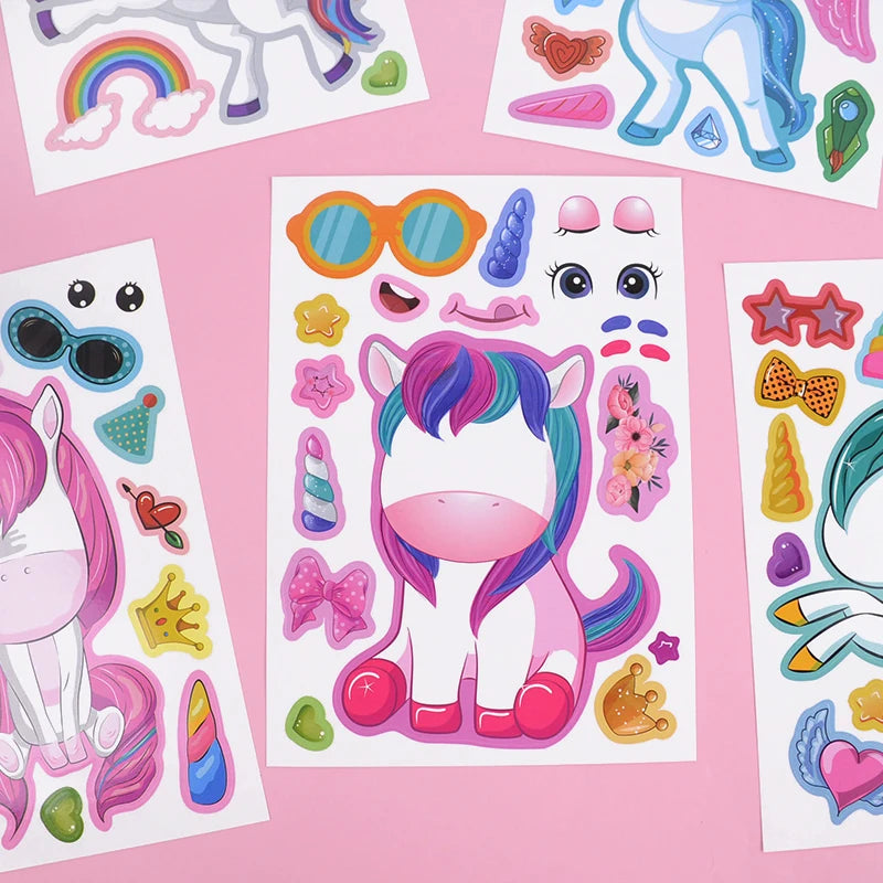 6/12Sheets Cartoon Unicorn Make A Face Assemble DIY Sticker Girls Unicorn Birthday Party Decoration Supplies Gifts for guests