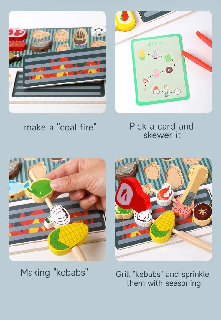 Children Wooden Barbecue Toys Kids Wooden Simulation Food Barbecue Cooking Kitchen Toys Parent-Child Interaction Play House Toys