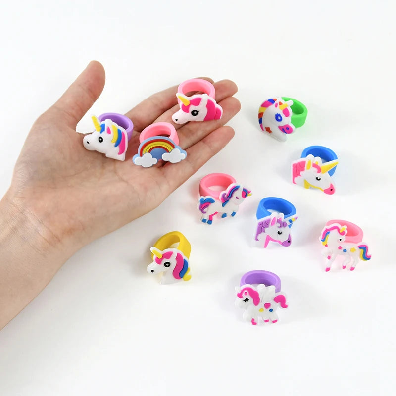 6/10pcs Cartoon Unicorn Butterfly Ring Girls Jewelry Silicone Ring Toys For Kids Unicorn Birthday Party Decor Gifts Filler Prize